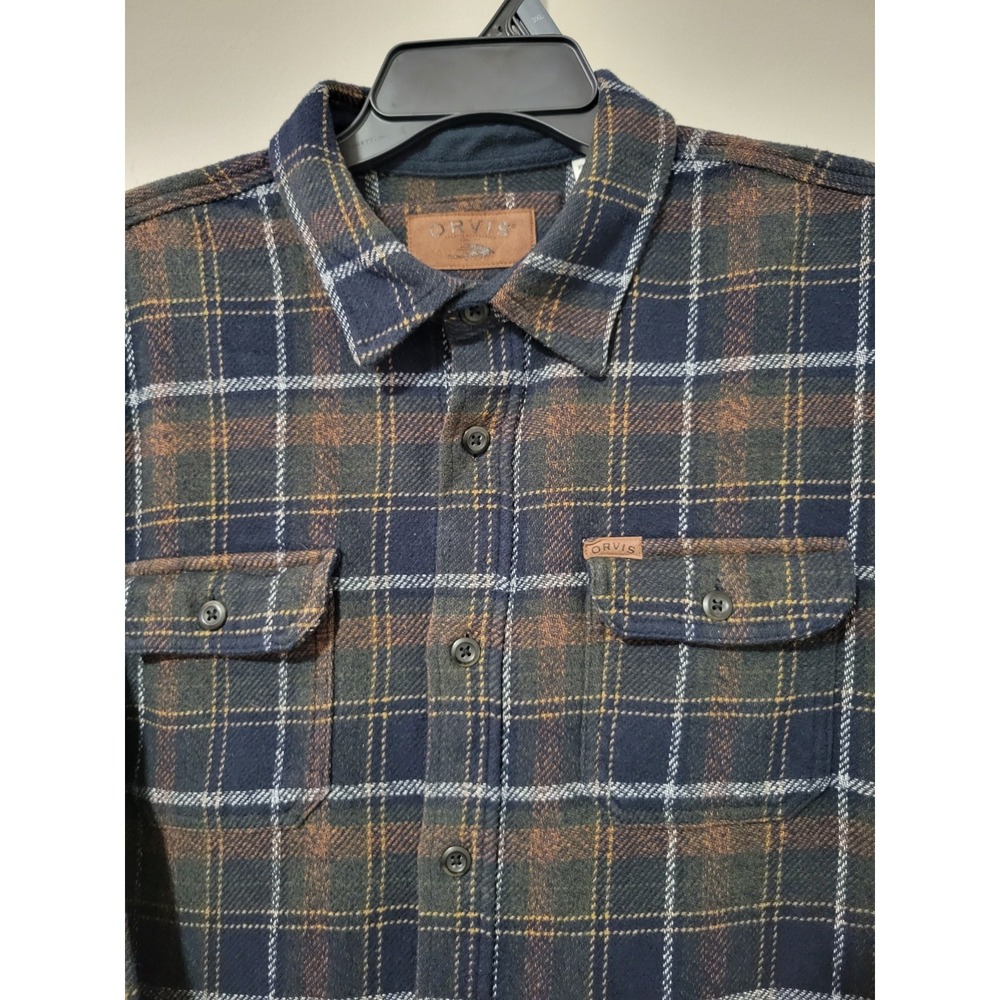 Orvis Classic Plaid Heavyweight Flannel Shacket Shirt XL Blue Green Brown Cotton - Picture 3 of 10